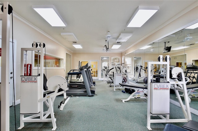 exercise room featuring carpet and ornamental molding