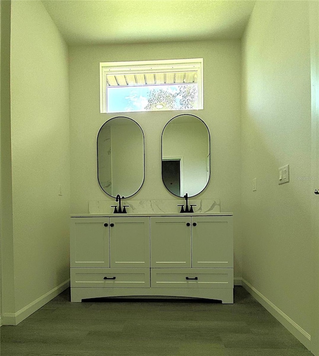 bathroom with vanity and wood-type flooring