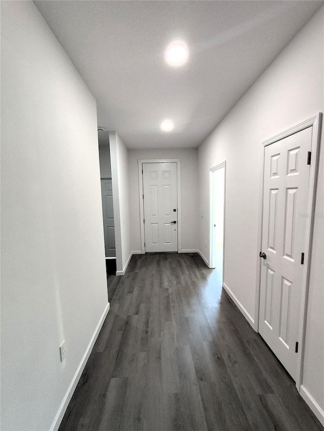 hallway featuring dark wood-type flooring