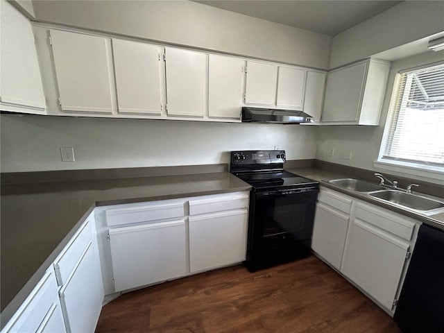 kitchen featuring white cabinets, sink, dark hardwood / wood-style flooring, and black appliances