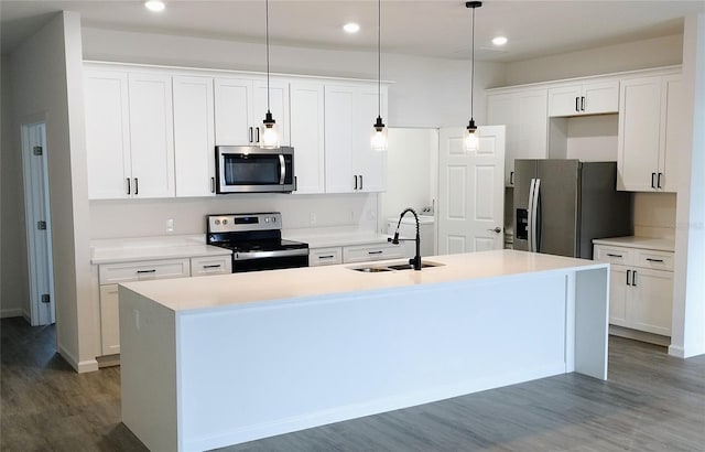 kitchen with an island with sink, stainless steel appliances, sink, and wood-type flooring