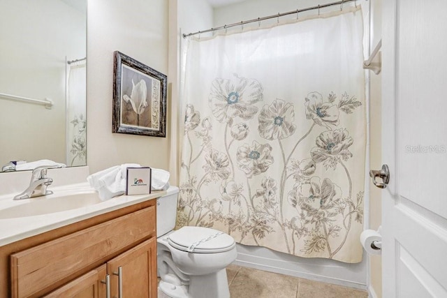 full bathroom featuring shower / tub combo, tile patterned flooring, vanity, and toilet