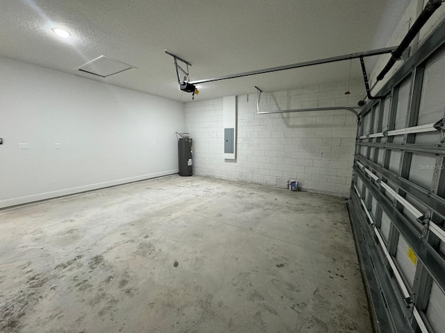 garage featuring electric panel, concrete block wall, a garage door opener, and water heater