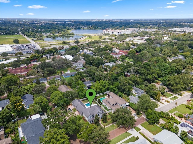 drone / aerial view featuring a water view