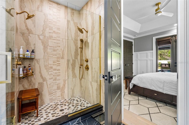 interior space with ceiling fan and ornamental molding