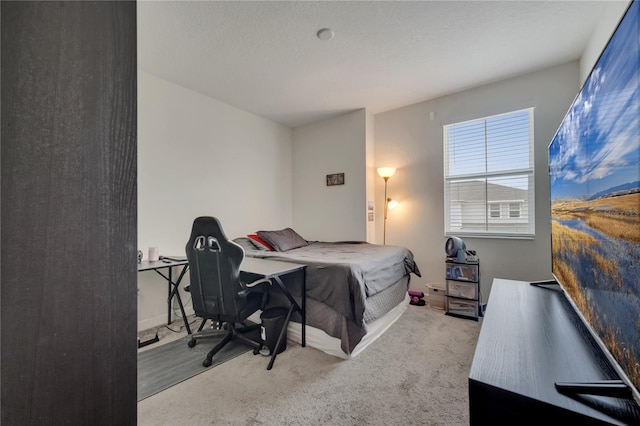 carpeted bedroom with a textured ceiling