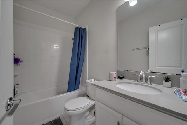 full bathroom with tile patterned flooring, toilet, shower / tub combo, and vanity