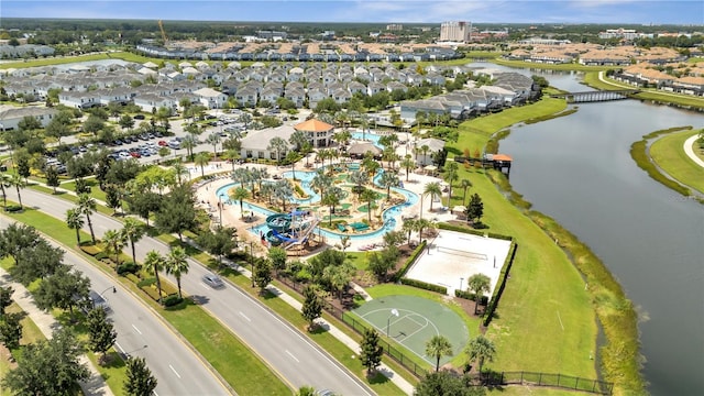 aerial view featuring a water view