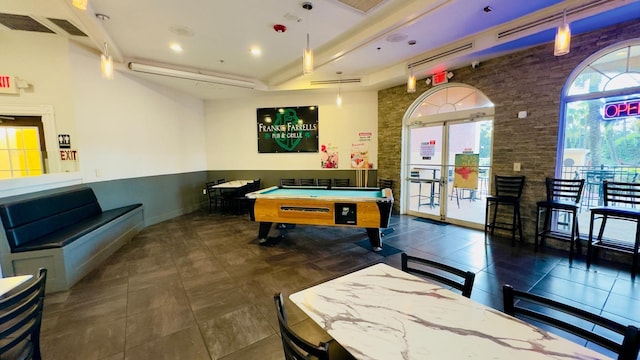 game room featuring billiards, tile patterned flooring, and french doors