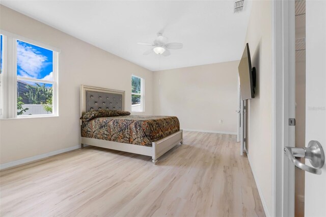 bedroom featuring light wood-type flooring and ceiling fan