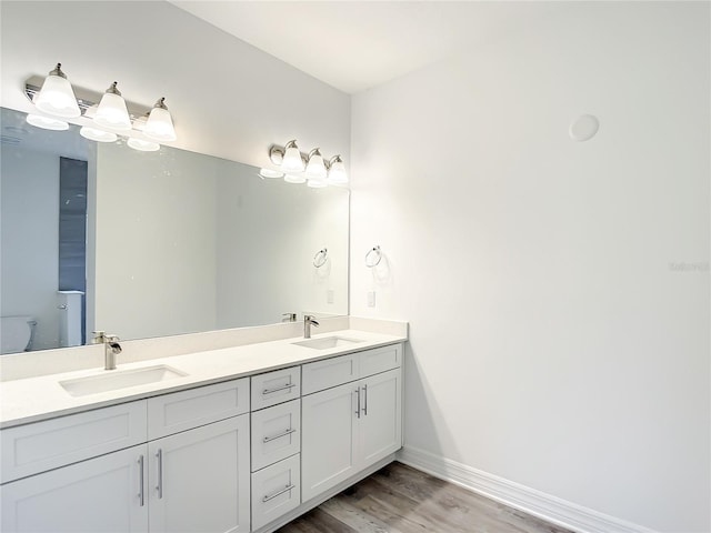 bathroom featuring vanity and hardwood / wood-style flooring