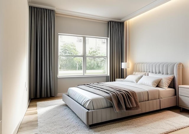 bedroom with wood-type flooring and crown molding