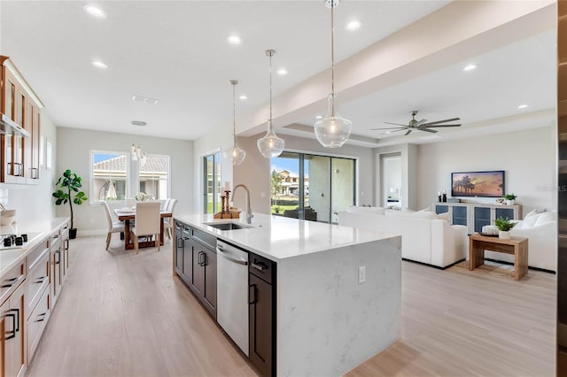 kitchen featuring dishwasher, light hardwood / wood-style floors, sink, ceiling fan, and a center island with sink