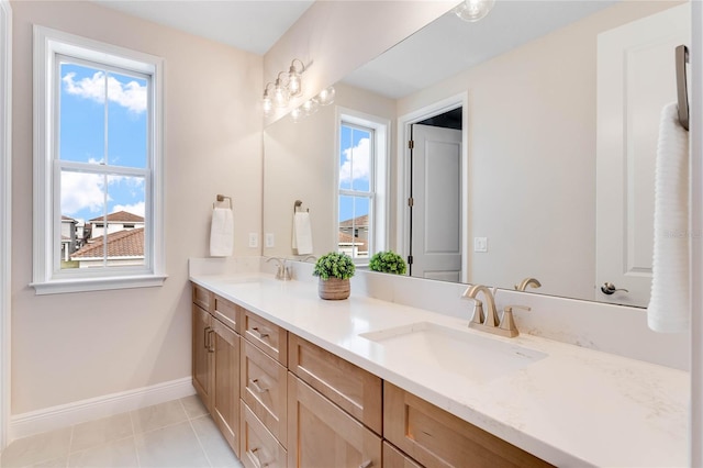 bathroom with tile patterned floors, plenty of natural light, and vanity