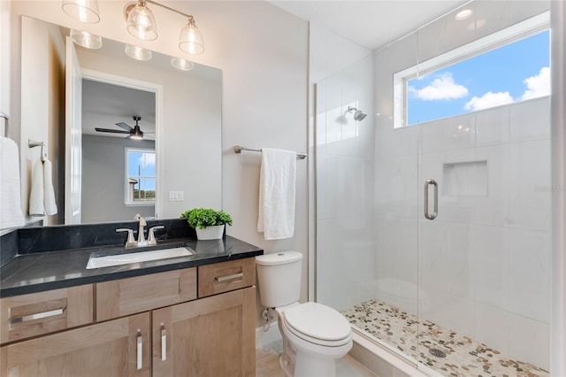 bathroom with a wealth of natural light, vanity, toilet, and walk in shower