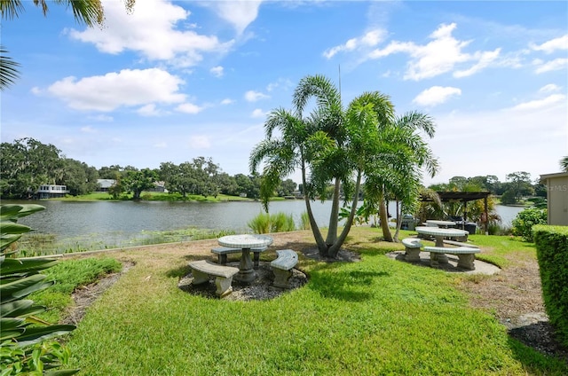 exterior space with a water view