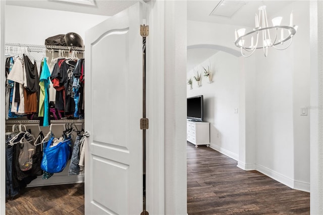 spacious closet featuring dark hardwood / wood-style floors and a chandelier