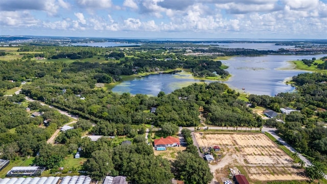 drone / aerial view with a water view