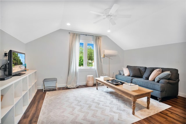 living room with lofted ceiling, ceiling fan, hardwood / wood-style flooring, and a wall mounted AC