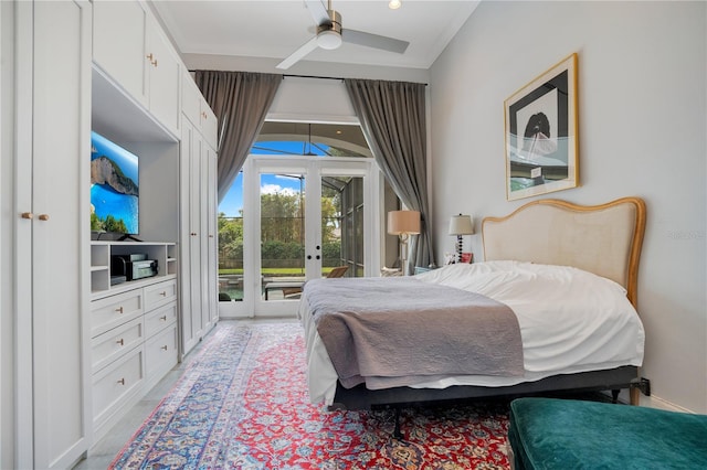 bedroom with ceiling fan, access to exterior, and french doors