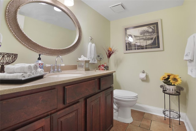 bathroom featuring tile patterned flooring, toilet, visible vents, vanity, and baseboards