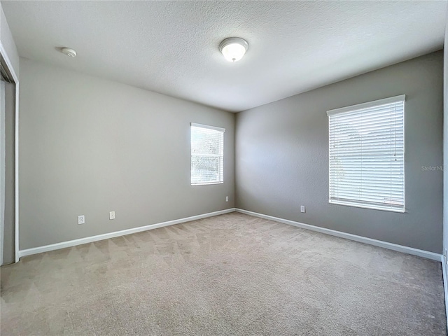 spare room featuring light colored carpet and a textured ceiling