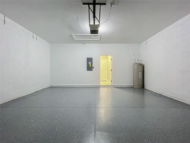 garage featuring electric panel, a garage door opener, and water heater