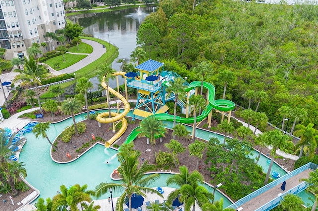 birds eye view of property featuring a water view