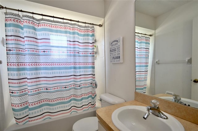 full bathroom with vanity, toilet, and shower / bathtub combination with curtain