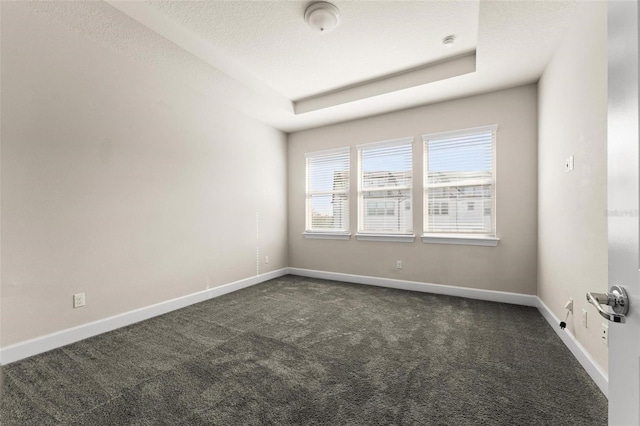 empty room with a tray ceiling, a textured ceiling, and carpet flooring