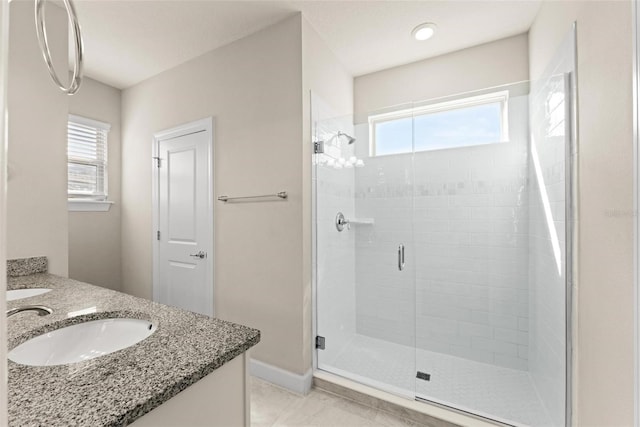 bathroom with vanity, walk in shower, and tile patterned flooring