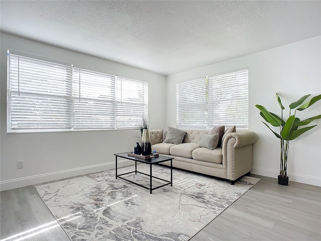 living room featuring a textured ceiling and light hardwood / wood-style floors