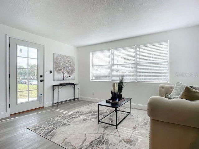 living room with a textured ceiling and light hardwood / wood-style floors