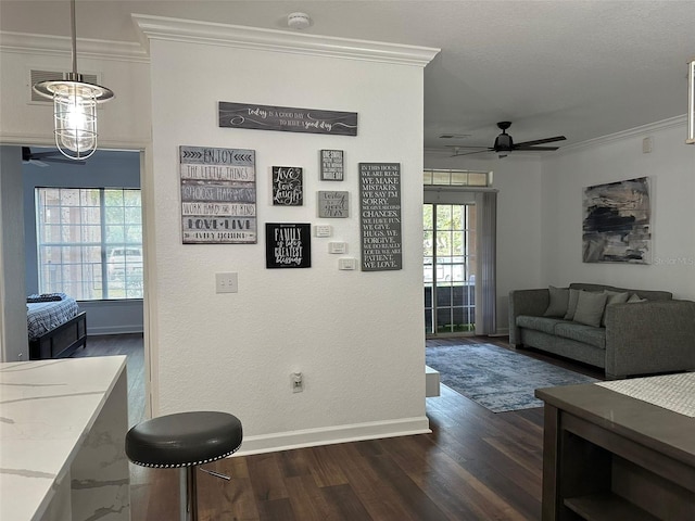 living room featuring ceiling fan with notable chandelier, dark hardwood / wood-style floors, a textured ceiling, and ornamental molding