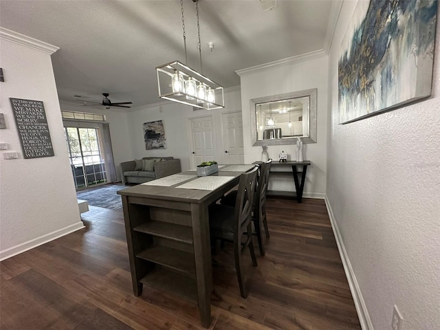 dining area with crown molding, dark wood-type flooring, and ceiling fan