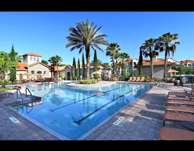 view of swimming pool with a patio