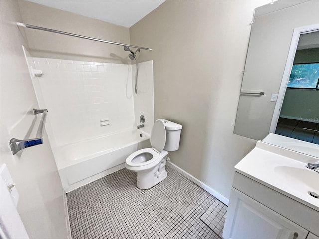 bathroom featuring shower / tub combination, tile patterned flooring, toilet, vanity, and baseboards