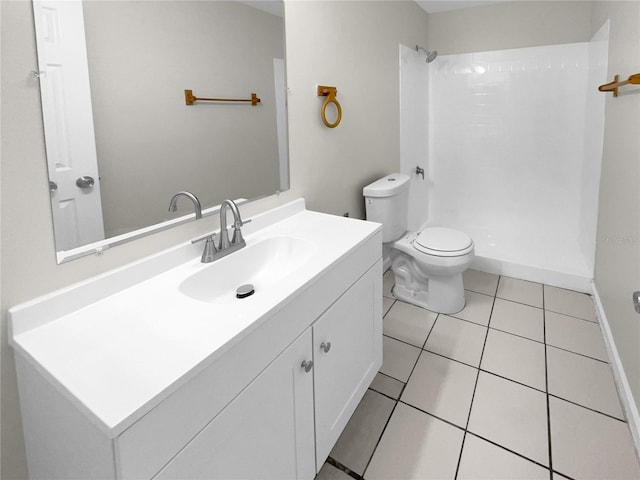 full bath featuring toilet, vanity, walk in shower, baseboards, and tile patterned floors