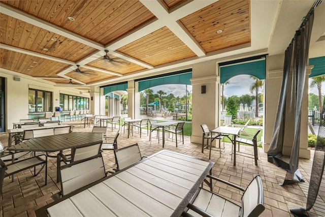 sunroom featuring coffered ceiling, beamed ceiling, and wooden ceiling