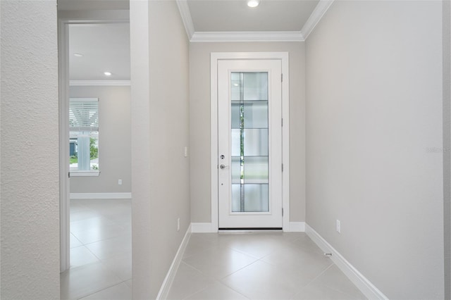 doorway to outside with light tile patterned floors and ornamental molding