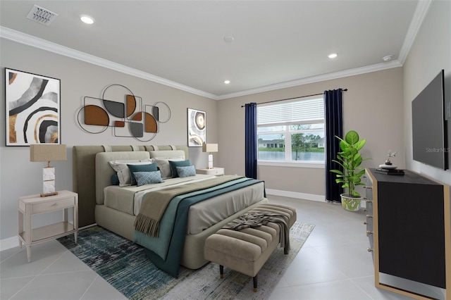 tiled bedroom with ornamental molding