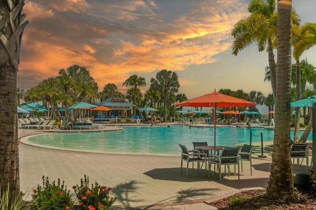 pool at dusk with a patio