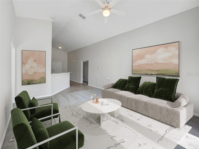 living room with light carpet, baseboards, visible vents, and vaulted ceiling