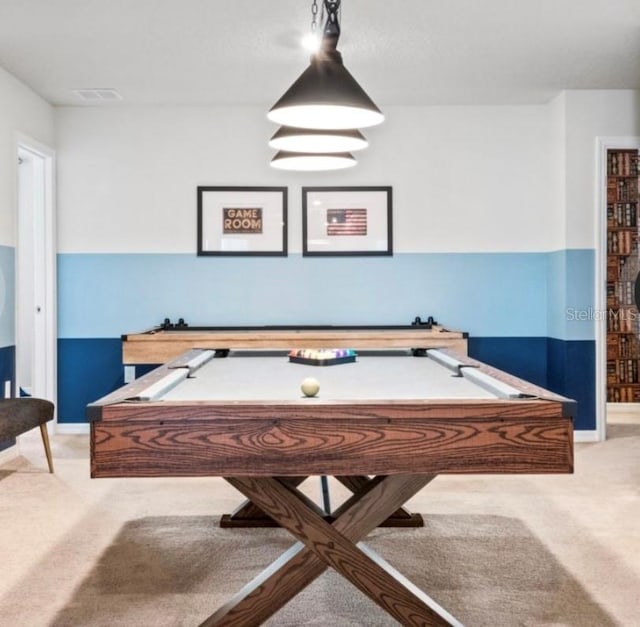 game room with pool table and carpet