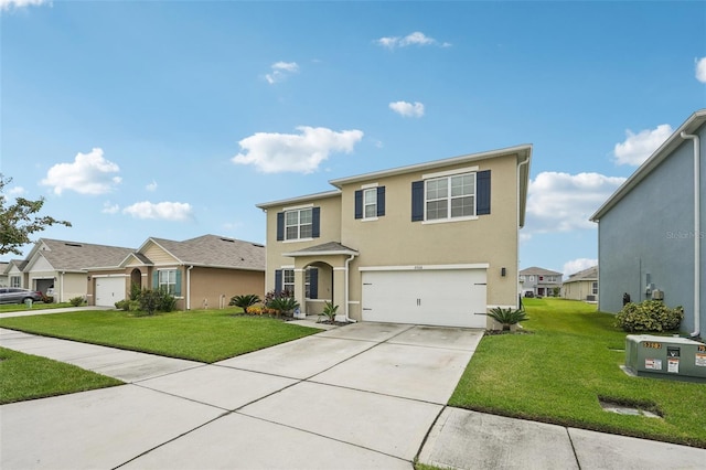 view of front of property with a garage, a front yard, and central AC