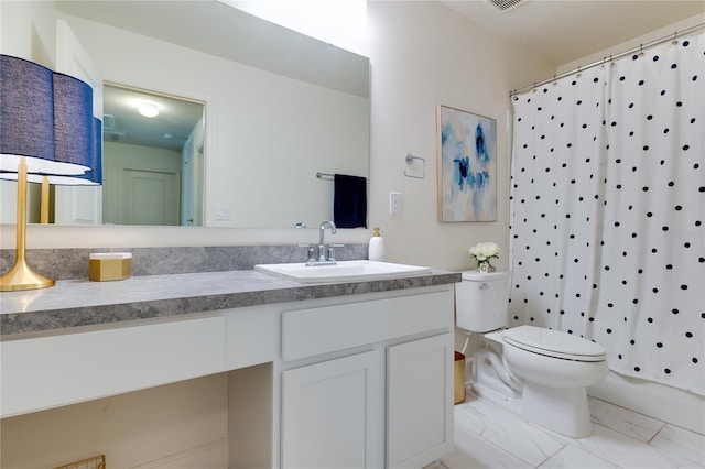14007 Creek Harbor Dr, Orlando, FL 32824 - full bathroom with visible vents, toilet, marble finish floor, curtained shower, and vanity