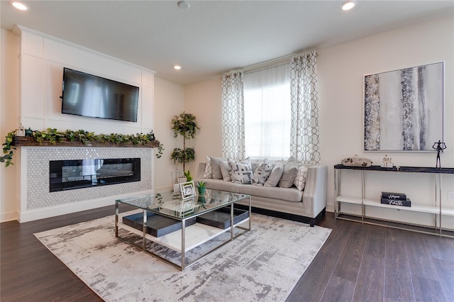 14007 Creek Harbor Dr, Orlando, FL 32824 - living area with a glass covered fireplace, dark wood-type flooring, recessed lighting, and baseboards