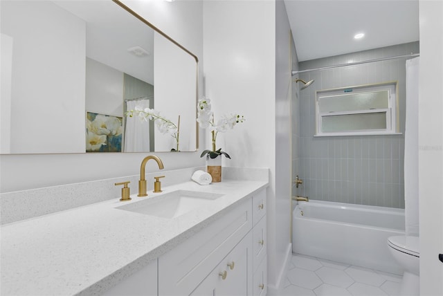 full bathroom with vanity, toilet, shower / bath combination with curtain, and tile patterned floors