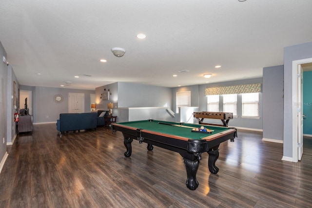 game room with recessed lighting, billiards, baseboards, and wood finished floors