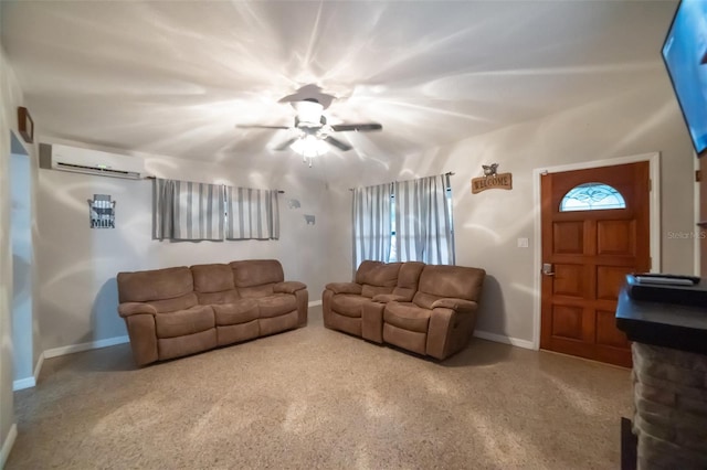 carpeted living room with ceiling fan and an AC wall unit